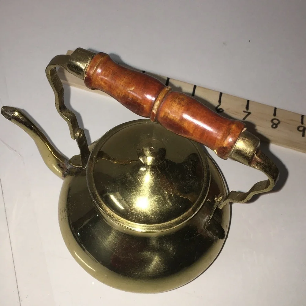 Vintage Decorative Use Only Collectible Brass Finish Tea Kettle With Wood Handle
